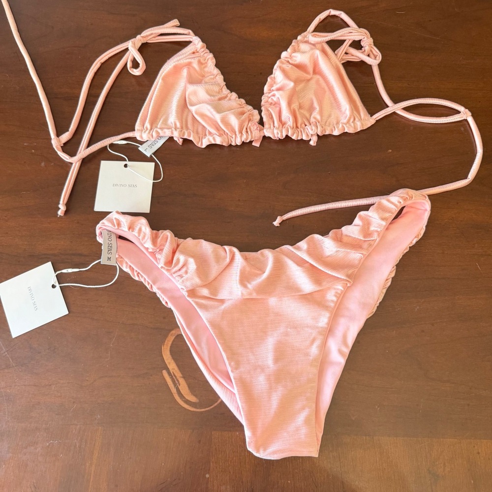 Divino Seas Pink Ribbed Ruched Bikini Set Croquette Triangle Top L Bottom M NEW